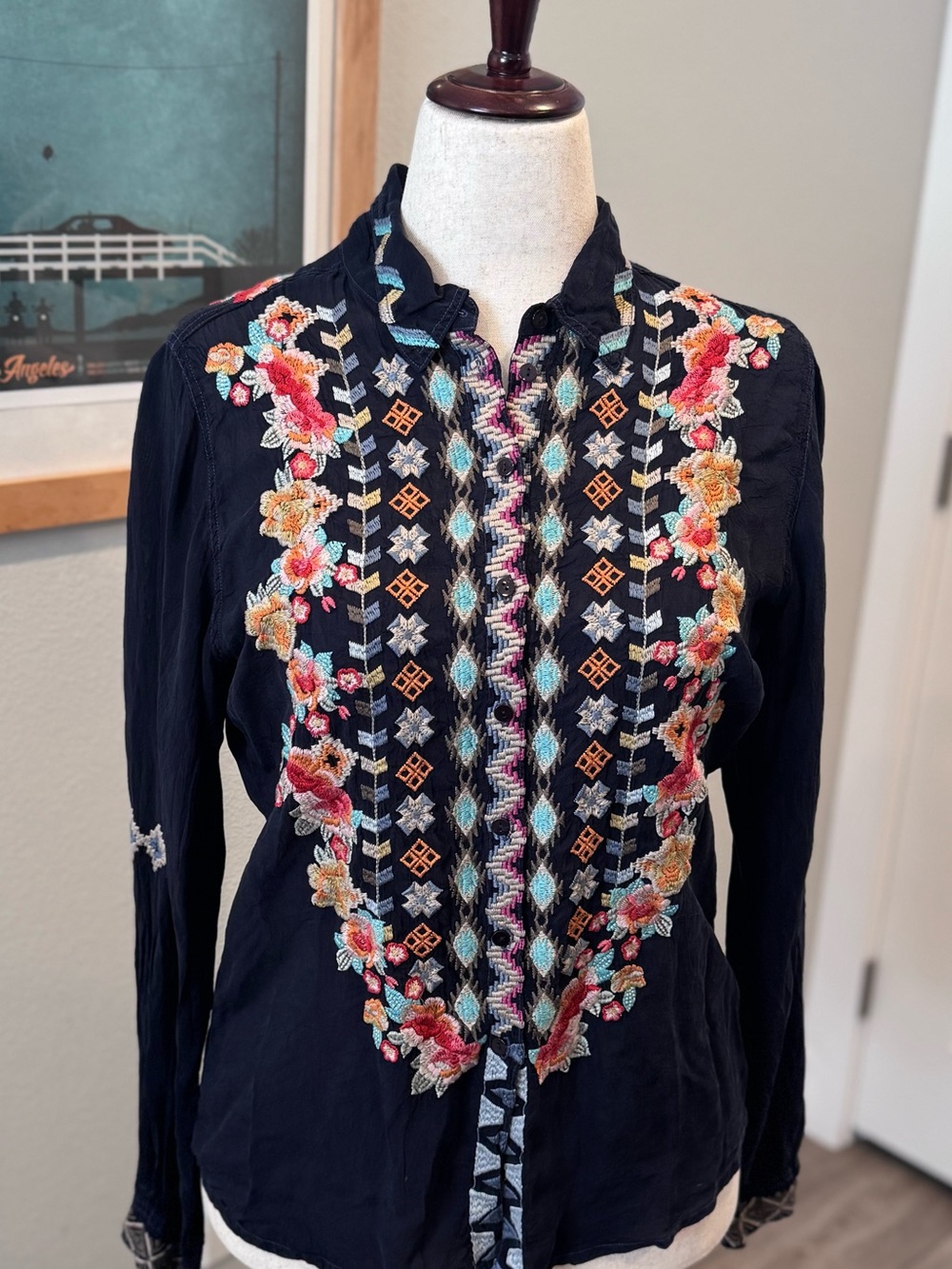 Johnny Was Navy Blue heavily embroidered Blouse Size Small